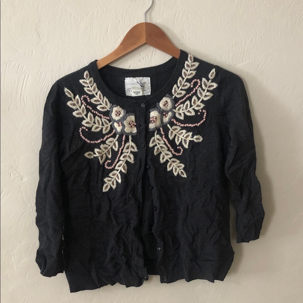 Tabitha Black Cardigan with Cream Embroidery